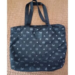 Victoria‎ Secret PINK Tote Bag Large Black With Silver Logo Zipper Lightweight